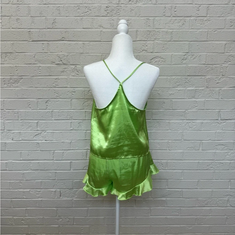 Lulu’s Sweetest Dreams Lime Green Satin Ruffled Two-Piece Pajama Set - Picture 4 of 5